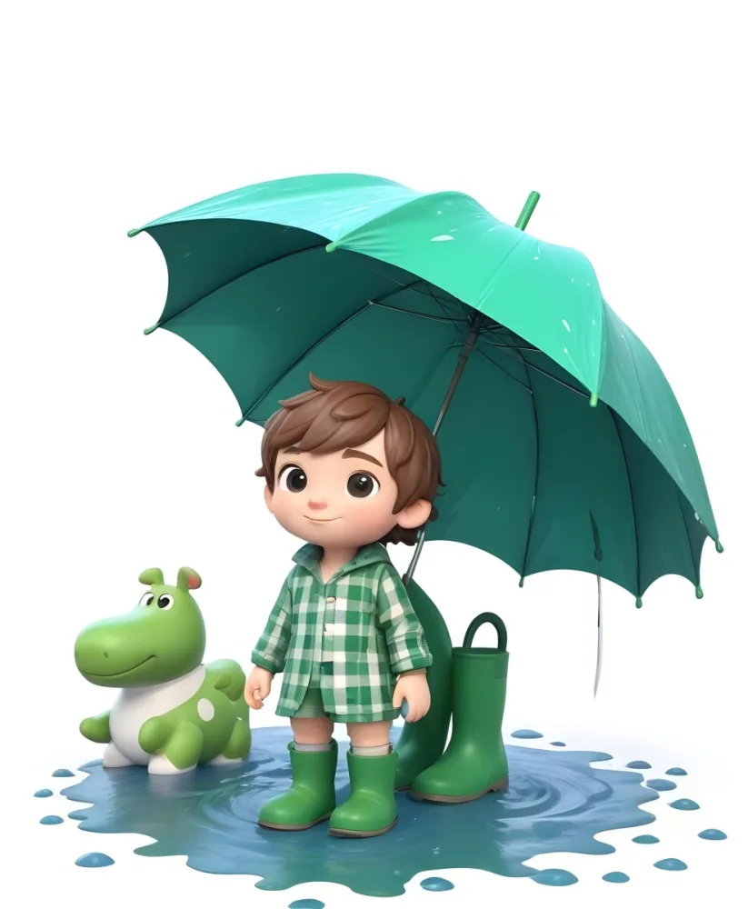 A Young Boy With Brown Hair Wearing A Green And White Striped Outfit Holding A Green Watering Can And Standing Under A Blue And Green Umbrella In The Rain 8 1ab8