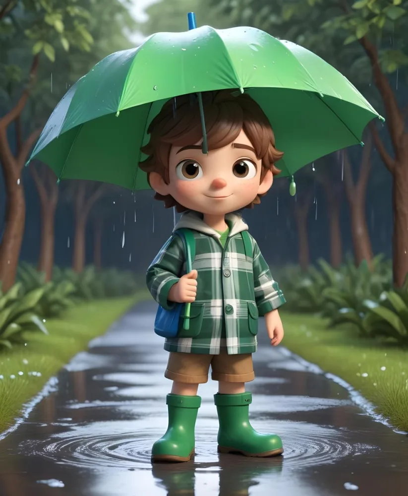 A Young Boy With Brown Hair Wearing A Green And White Striped Outfit Holding A Green Watering Can And Standing Under A Blue And Green Umbrella In The Rain 9 Add7