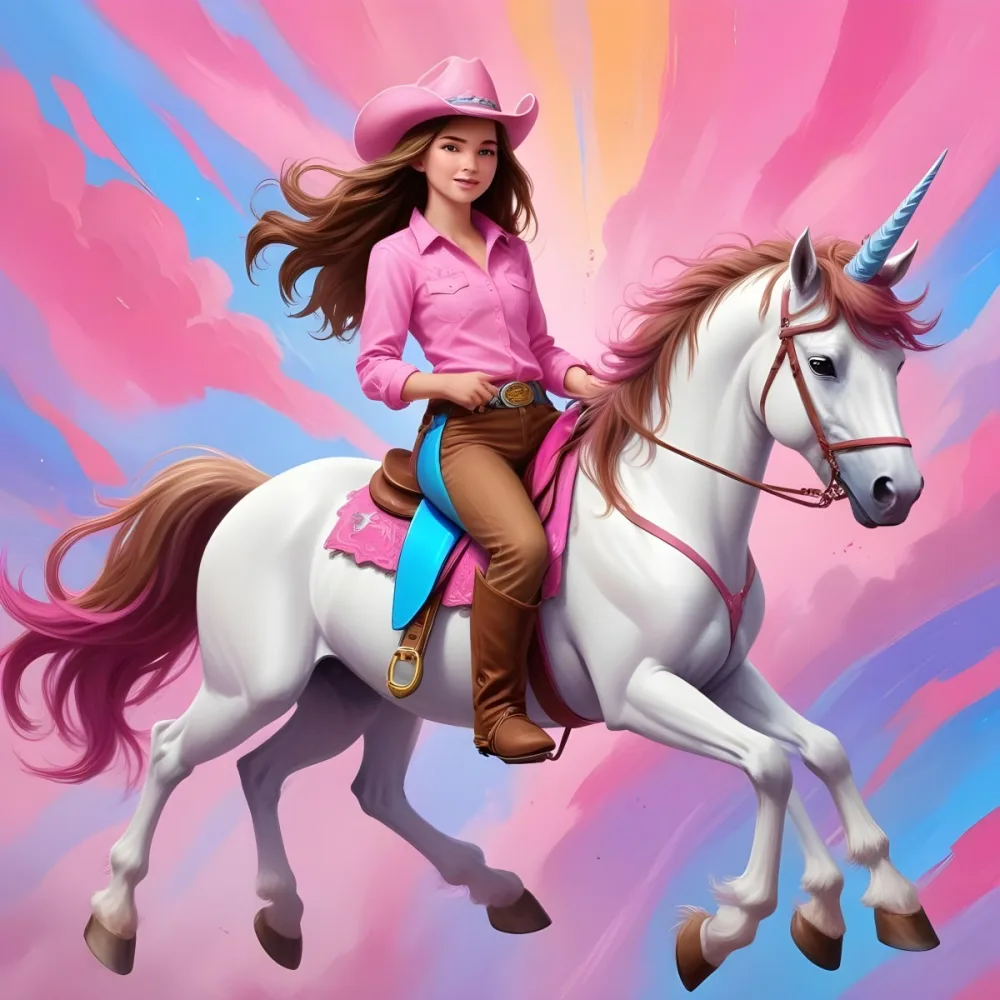 A Young Caucasian Girl With Long Brown Hair Wearing A Pink Cowgirl Hat A Blue Shirt And Jeans Riding A White Unicorn Against A Colorful Abstract Background 19 7ffb
