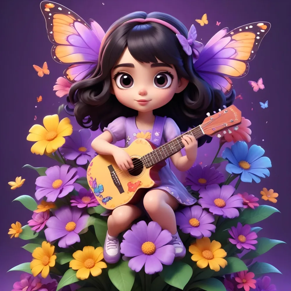 A Young Girl With Curly Dark Hair And A Purple Bow Wearing A Purple Dress Sitting On A Bed Of Colorful Flowers And Surrounded By Butterflies She Is Holding A Guitar And Appears To Be Playing Music 10 655b