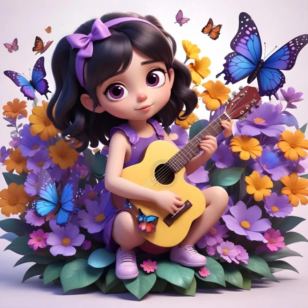 A Young Girl With Curly Dark Hair And A Purple Bow Wearing A Purple Dress Sitting On A Bed Of Colorful Flowers And Surrounded By Butterflies She Is Holding A Guitar And Appears To Be Playing Music 11 7009