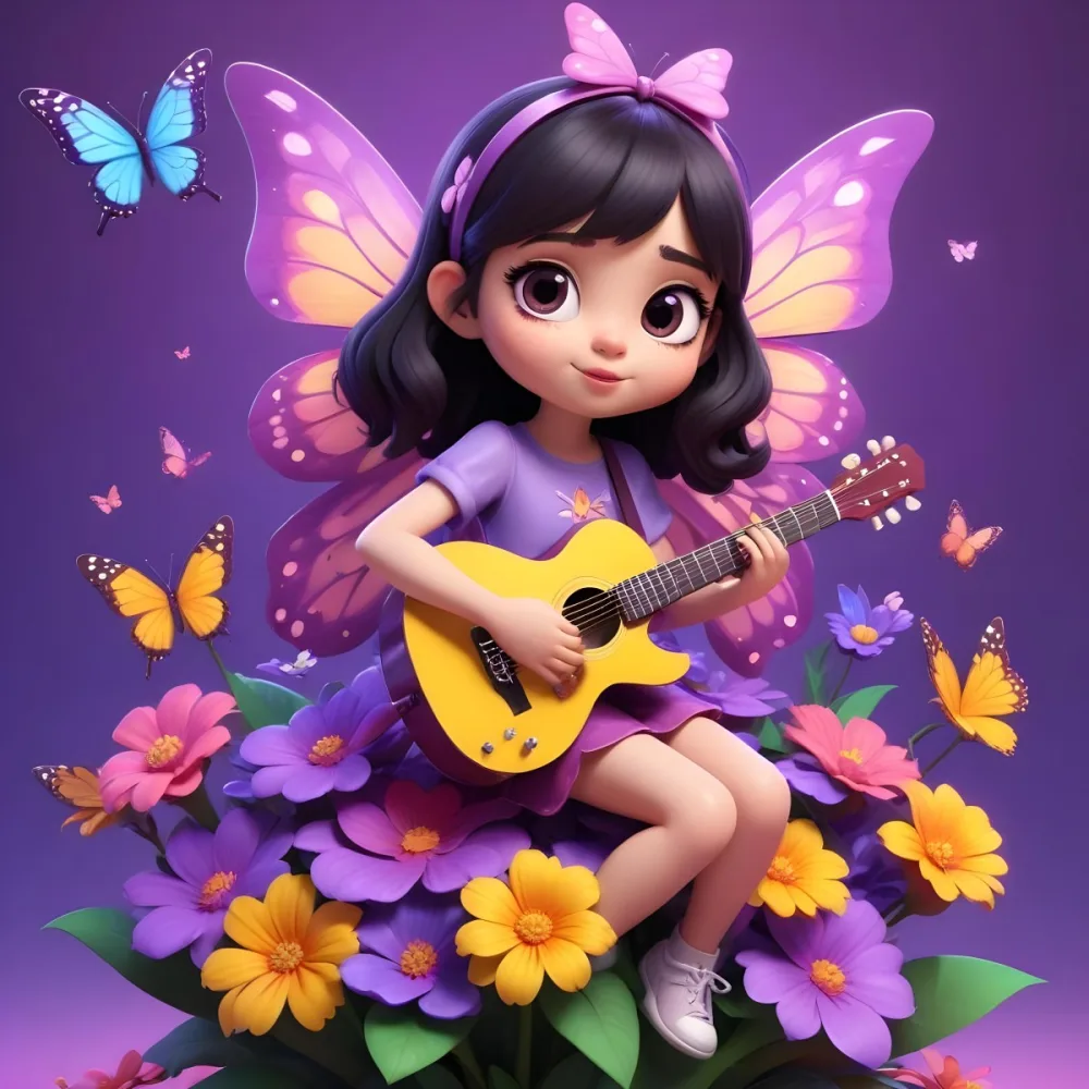 A Young Girl With Curly Dark Hair And A Purple Bow Wearing A Purple Dress Sitting On A Bed Of Colorful Flowers And Surrounded By Butterflies She Is Holding A Guitar And Appears To Be Playing Music 18 E1f8
