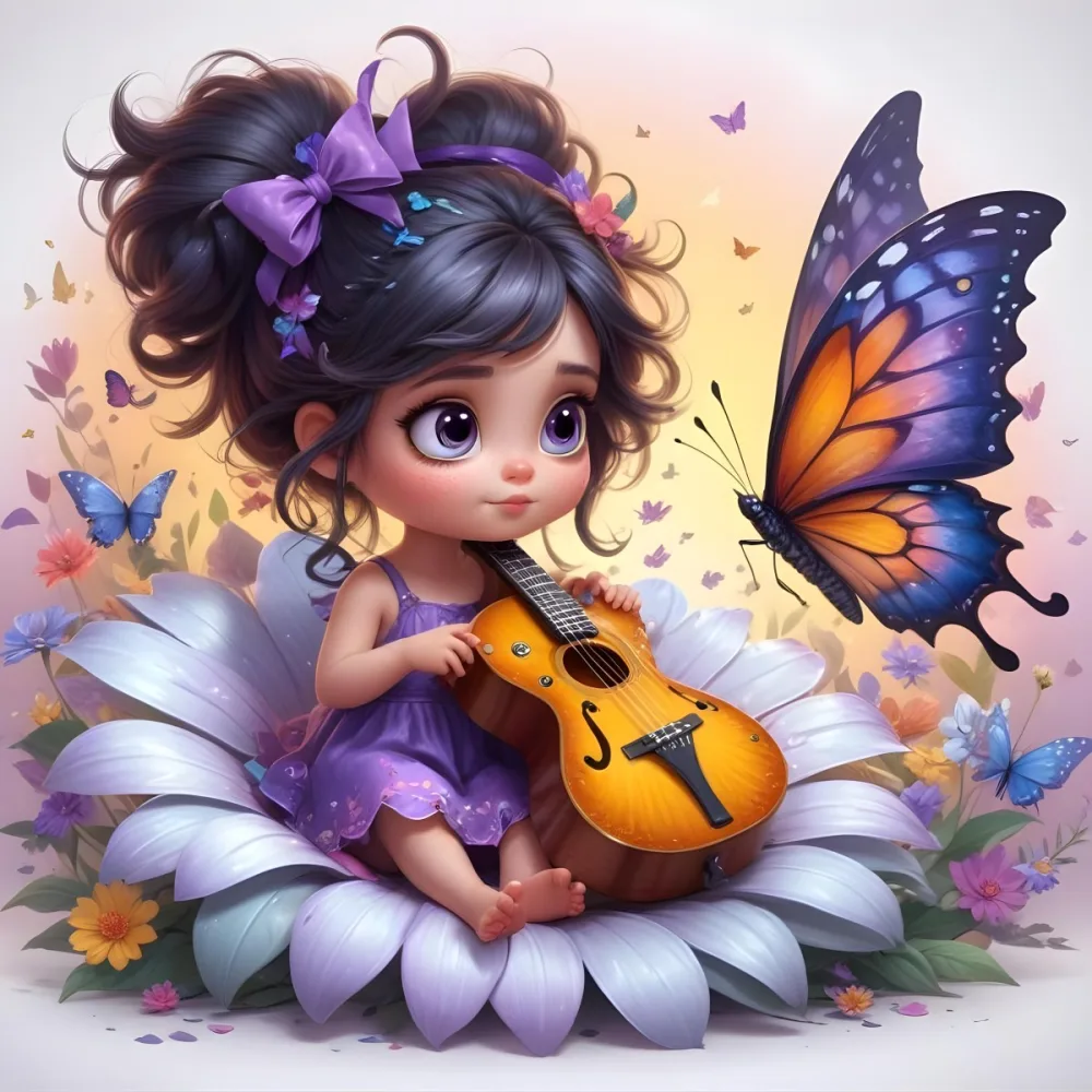 A Young Girl With Curly Dark Hair And A Purple Bow Wearing A Purple Dress Sitting On A Bed Of Colorful Flowers And Surrounded By Butterflies She Is Holding A Guitar And Appears To Be Playing Music 20 2353
