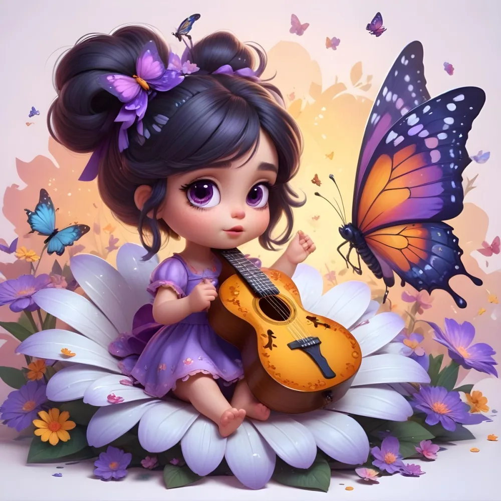 A Young Girl With Curly Dark Hair And A Purple Bow Wearing A Purple Dress Sitting On A Bed Of Colorful Flowers And Surrounded By Butterflies She Is Holding A Guitar And Appears To Be Playing Music 21 234f