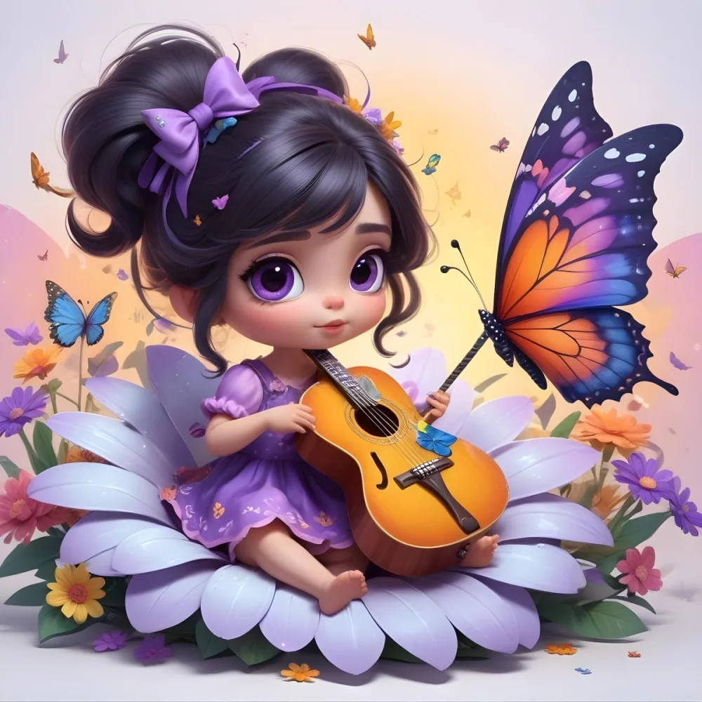 A Young Girl With Curly Dark Hair And A Purple Bow Wearing A Purple Dress Sitting On A Bed Of Colorful Flowers And Surrounded By Butterflies She Is Holding A Guitar And Appears To Be Playing Music 25 526b