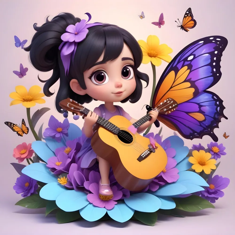 A Young Girl With Curly Dark Hair And A Purple Bow Wearing A Purple Dress Sitting On A Bed Of Colorful Flowers And Surrounded By Butterflies She Is Holding A Guitar And Appears To Be Playing Music 28 5dae