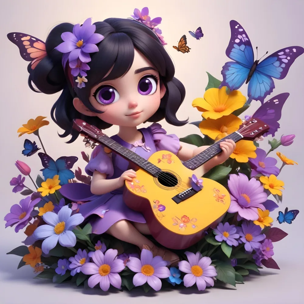 A Young Girl With Curly Dark Hair And A Purple Bow Wearing A Purple Dress Sitting On A Bed Of Colorful Flowers And Surrounded By Butterflies She Is Holding A Guitar And Appears To Be Playing Music 3 8a7b
