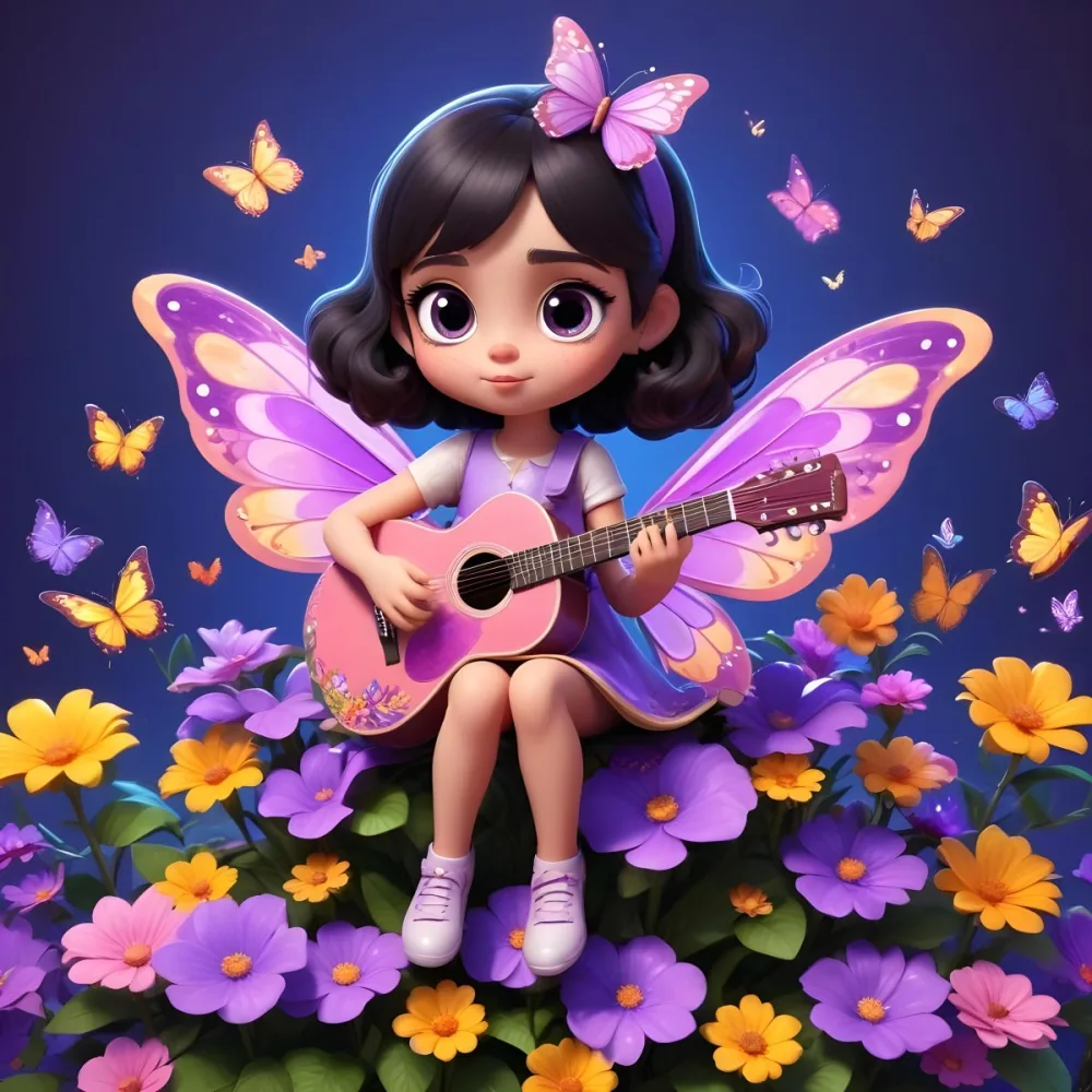 A Young Girl With Curly Dark Hair And A Purple Bow Wearing A Purple Dress Sitting On A Bed Of Colorful Flowers And Surrounded By Butterflies She Is Holding A Guitar And Appears To Be Playing Music 31 Bf0a