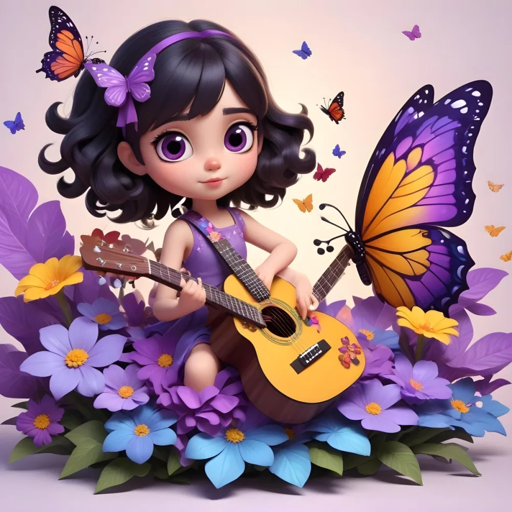 A Young Girl With Curly Dark Hair And A Purple Bow Wearing A Purple Dress Sitting On A Bed Of Colorful Flowers And Surrounded By Butterflies She Is Holding A Guitar And Appears To Be Playing Music 32 03db