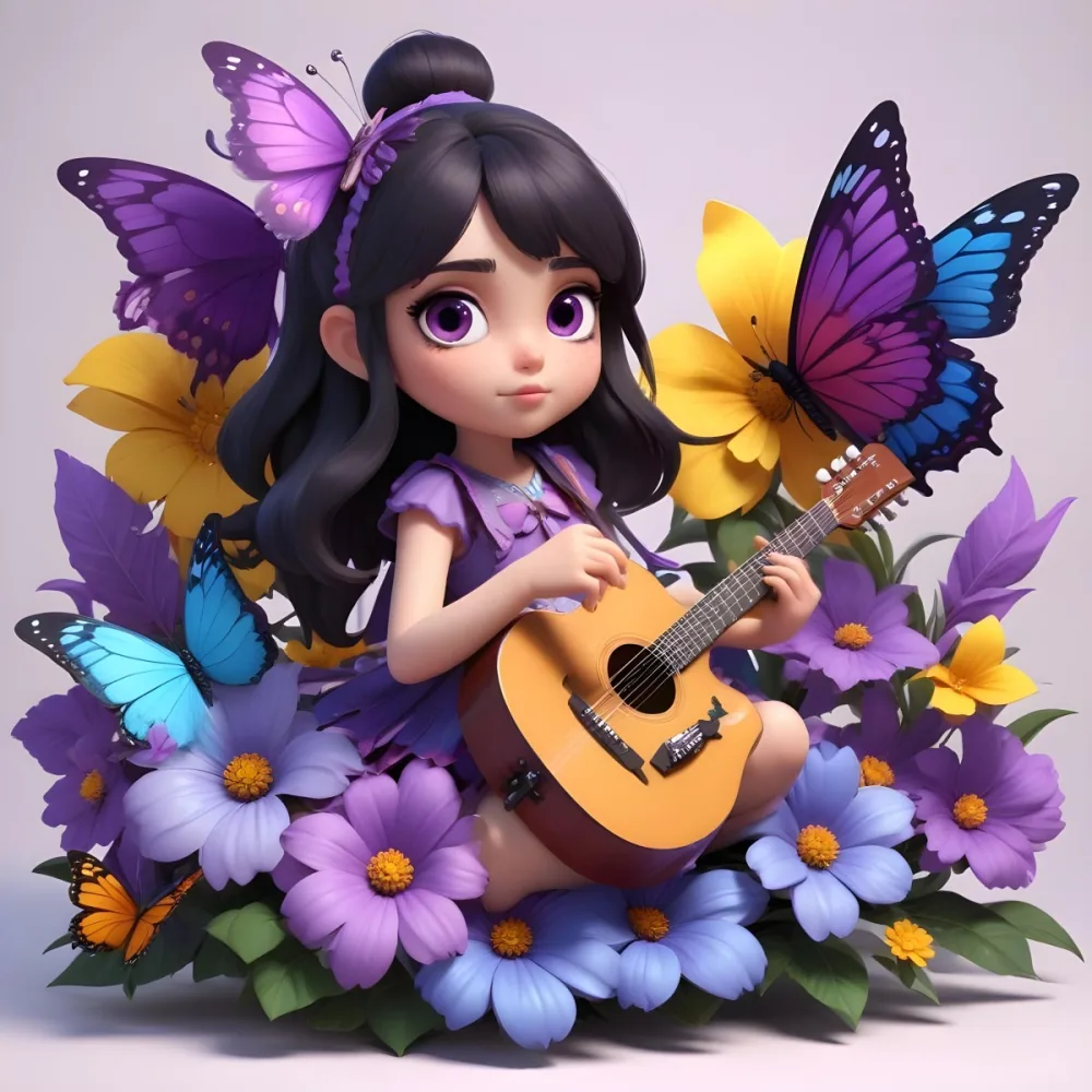 A Young Girl With Curly Dark Hair And A Purple Bow Wearing A Purple Dress Sitting On A Bed Of Colorful Flowers And Surrounded By Butterflies She Is Holding A Guitar And Appears To Be Playing Music 4 194b
