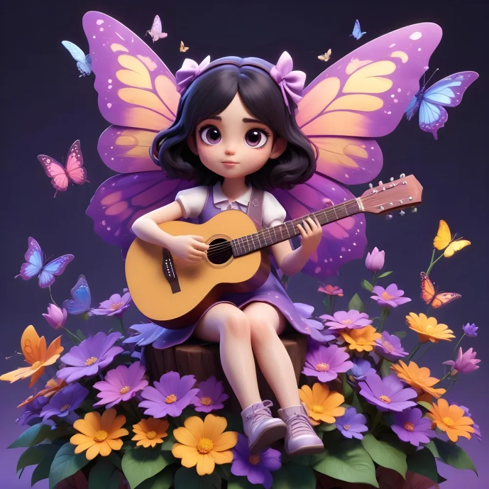 A Young Girl With Curly Dark Hair And A Purple Bow Wearing A Purple Dress Sitting On A Bed Of Colorful Flowers And Surrounded By Butterflies She Is Holding A Guitar And Appears To Be Playing Music 5 6d7c
