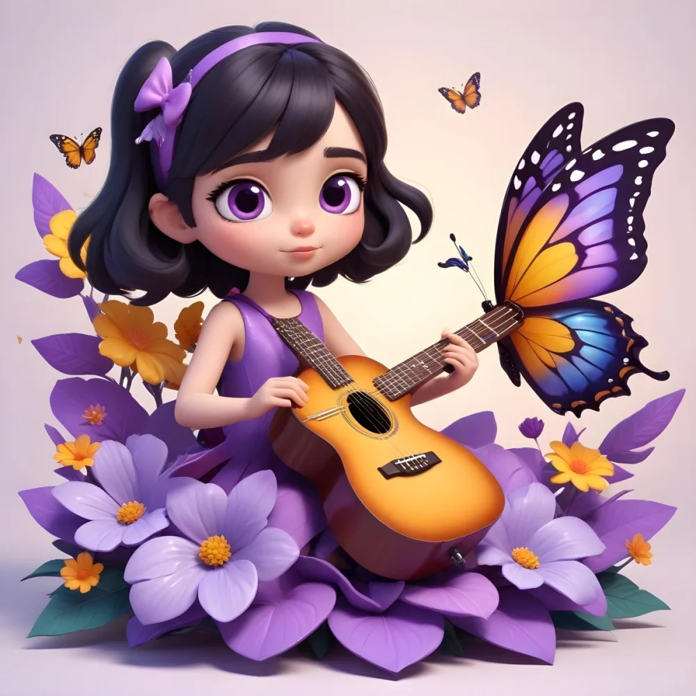 A Young Girl With Curly Dark Hair And A Purple Bow Wearing A Purple Dress Sitting On A Bed Of Colorful Flowers And Surrounded By Butterflies She Is Holding A Guitar And Appears To Be Playing Music 6 3a24