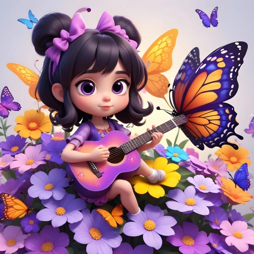 A Young Girl With Curly Dark Hair And A Purple Bow Wearing A Purple Dress Sitting On A Bed Of Colorful Flowers And Surrounded By Butterflies She Is Holding A Guitar And Appears To Be Playing Music 7 34f5
