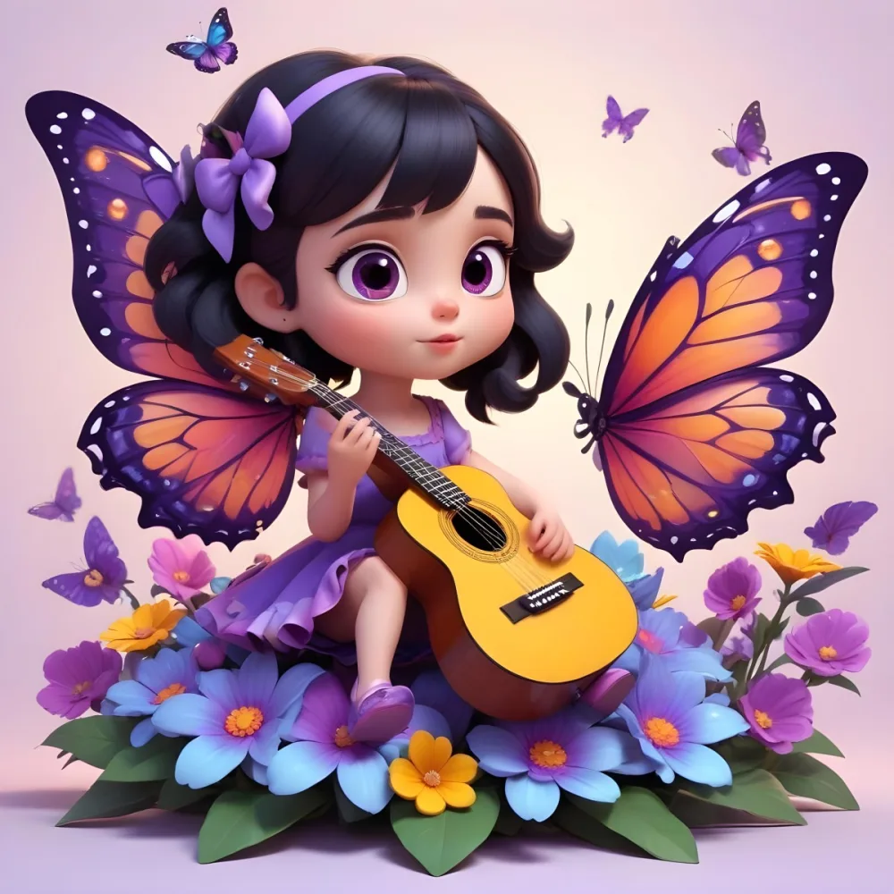 A Young Girl With Curly Dark Hair And A Purple Bow Wearing A Purple Dress Sitting On A Bed Of Colorful Flowers And Surrounded By Butterflies She Is Holding A Guitar And Appears To Be Playing Music 8 D4f1
