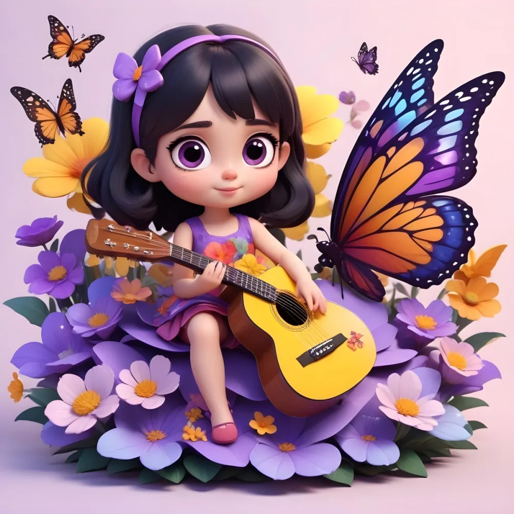 A Young Girl With Curly Dark Hair And A Purple Bow Wearing A Purple Dress Sitting On A Bed Of Colorful Flowers And Surrounded By Butterflies She Is Holding A Guitar And Appears To Be Playing Music 9 8e29