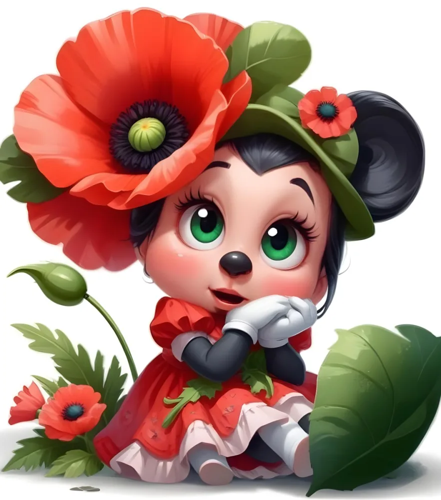 A Young Girl With Large Eyes Dark Hair In Buns And A Red Poppy Flower In Her Hair Surrounded By Green Leaves And Additional Red Poppy Flowers 5 91c8