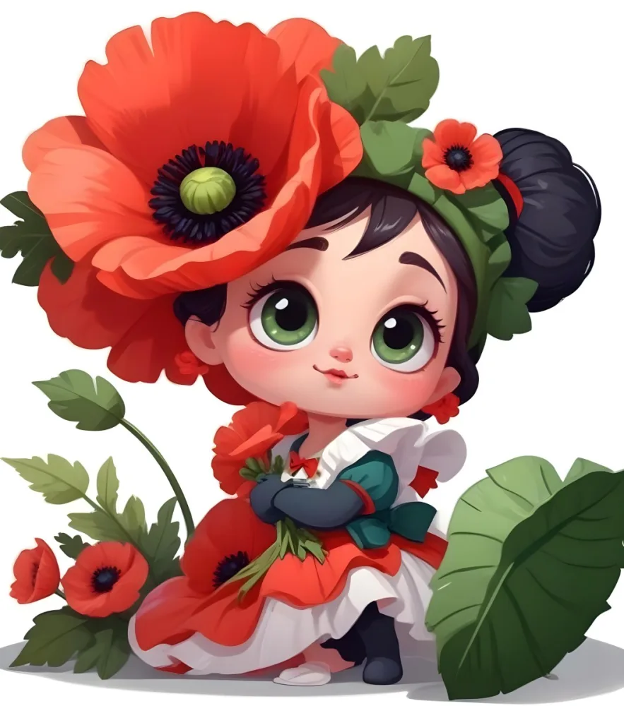 A Young Girl With Large Eyes Dark Hair In Buns And A Red Poppy Flower In Her Hair Surrounded By Green Leaves And Additional Red Poppy Flowers 6 218d