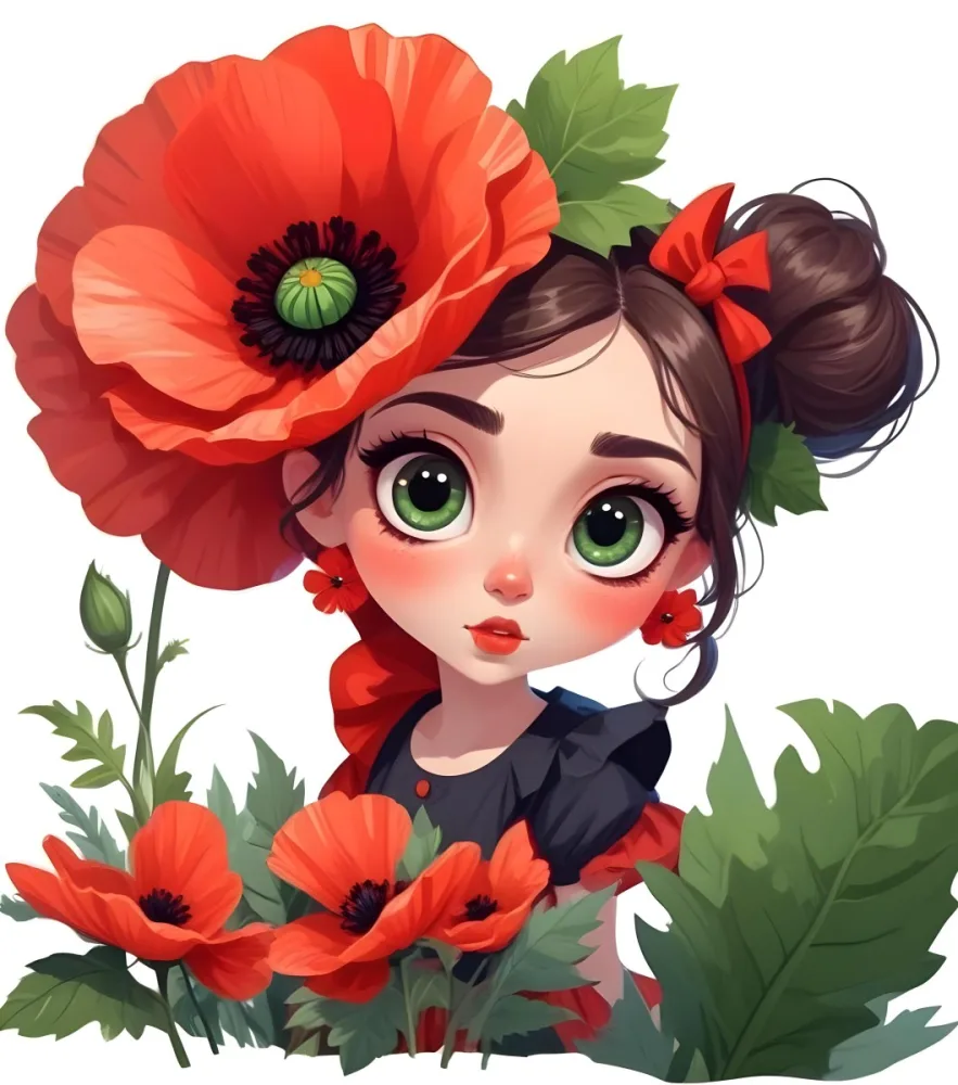 A Young Girl With Large Eyes Dark Hair In Buns And A Red Poppy Flower In Her Hair Surrounded By Green Leaves And Additional Red Poppy Flowers 7 54b7