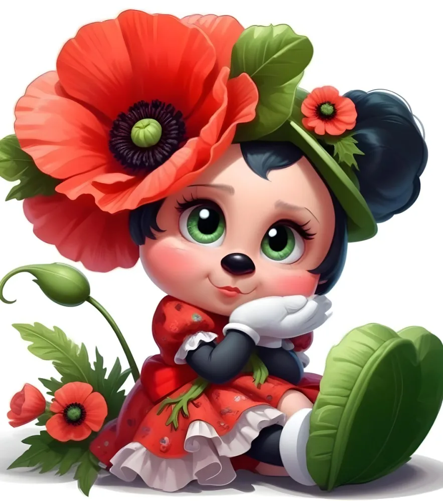 A Young Girl With Large Eyes Dark Hair In Buns And A Red Poppy Flower In Her Hair Surrounded By Green Leaves And Additional Red Poppy Flowers 8 5180