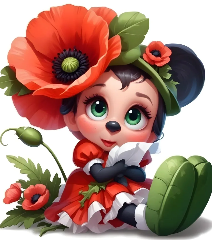 A Young Girl With Large Eyes Dark Hair In Buns And A Red Poppy Flower In Her Hair Surrounded By Green Leaves And Additional Red Poppy Flowers 9 07fa