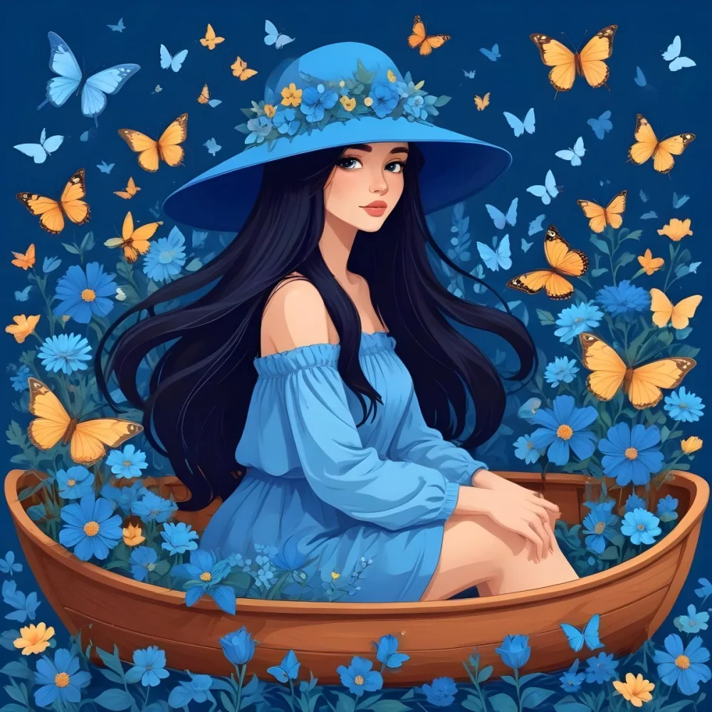 A Young Girl With Long Dark Hair Wearing A Blue Hat And Dress Sitting In A Boat Surrounded By Blue Flowers And Butterflies 64 29fe