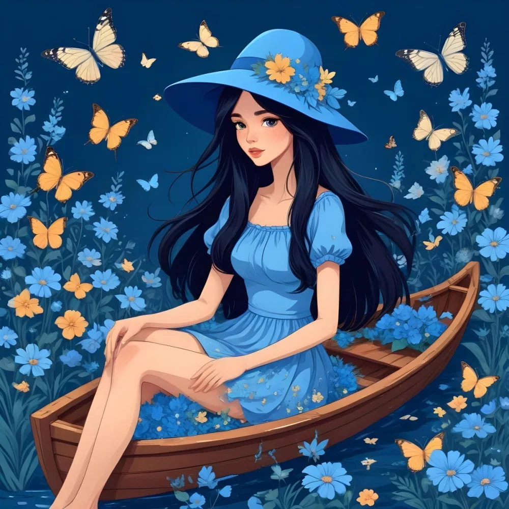 A Young Girl With Long Dark Hair Wearing A Blue Hat And Dress Sitting In A Boat Surrounded By Blue Flowers And Butterflies 72 Dfb2