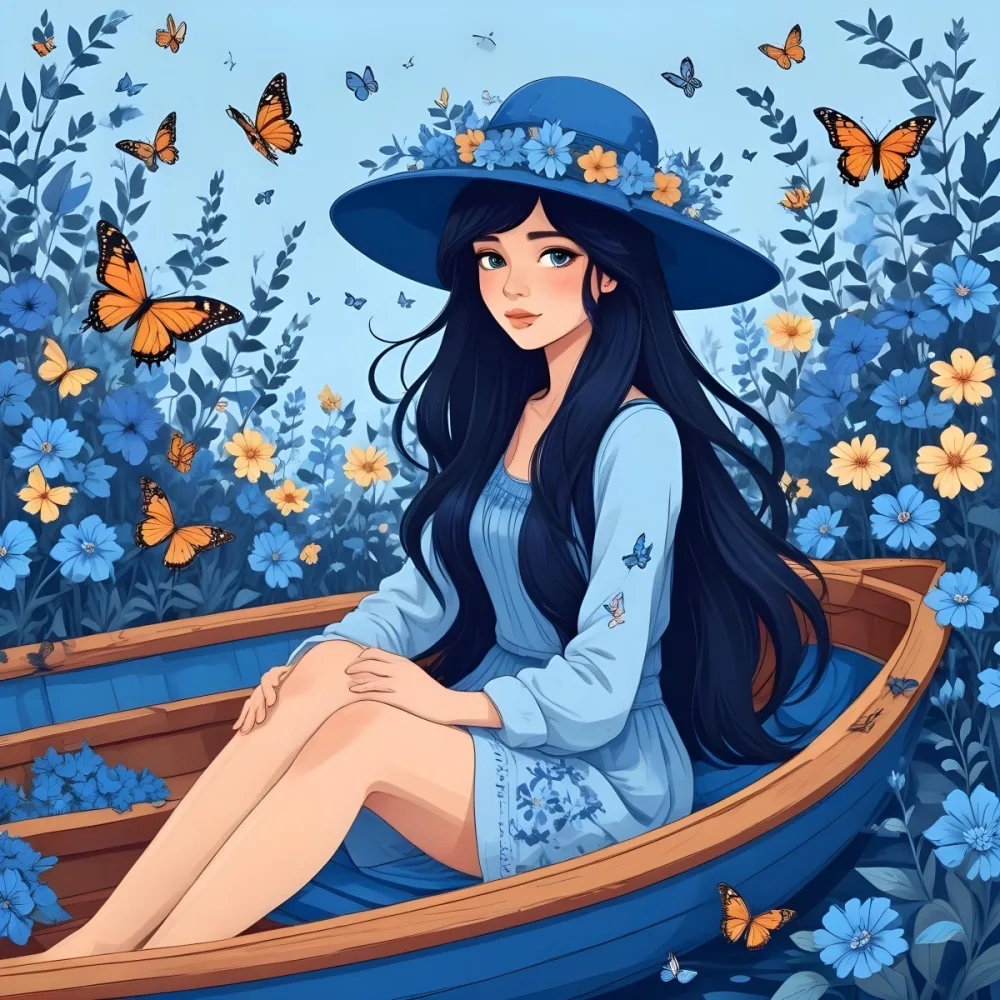 A Young Girl With Long Dark Hair Wearing A Blue Hat And Dress Sitting In A Boat Surrounded By Blue Flowers And Butterflies 76 E2f9
