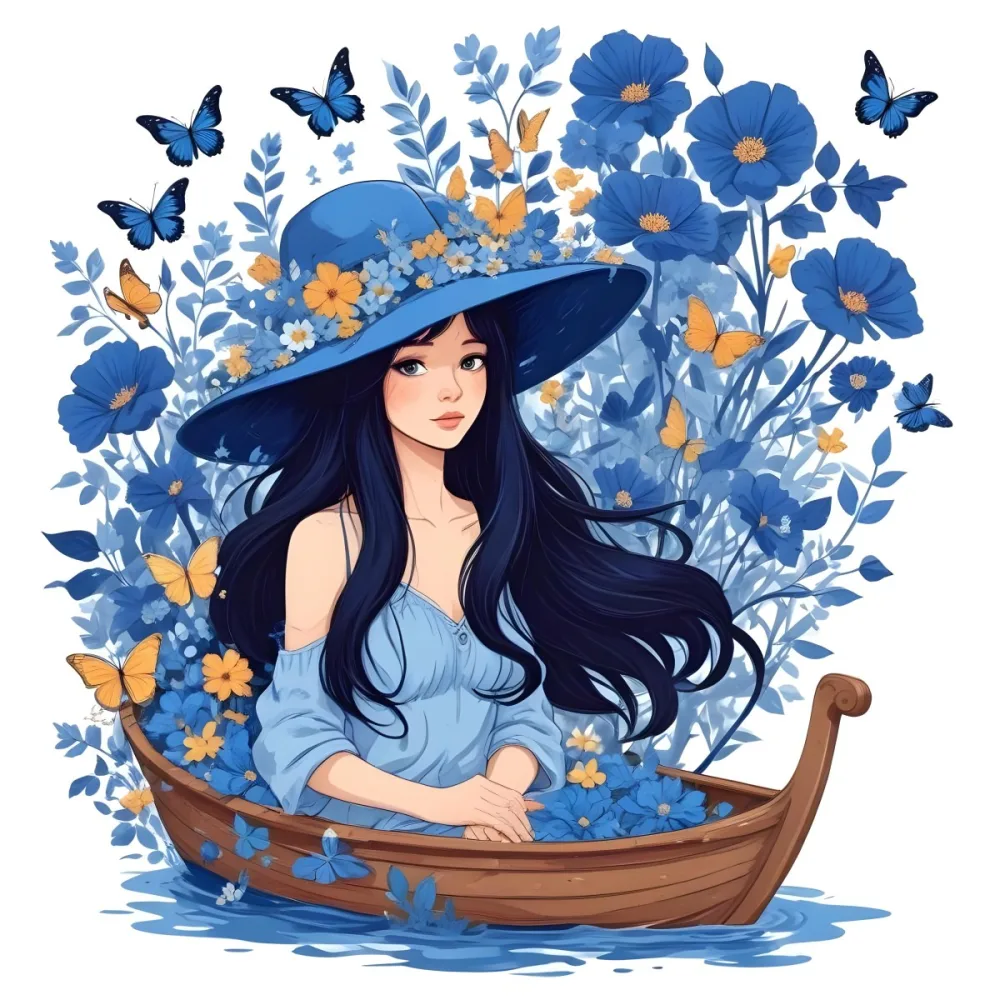 A Young Girl With Long Dark Hair Wearing A Blue Hat And Dress Sitting In A Boat Surrounded By Blue Flowers And Butterflies 78 60ea
