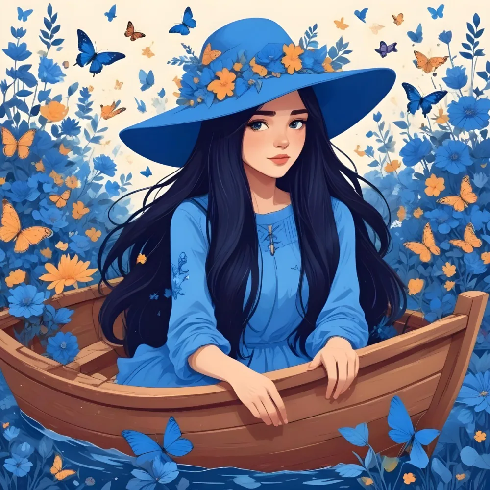 A Young Girl With Long Dark Hair Wearing A Blue Hat And Dress Sitting In A Boat Surrounded By Blue Flowers And Butterflies 81 82a5