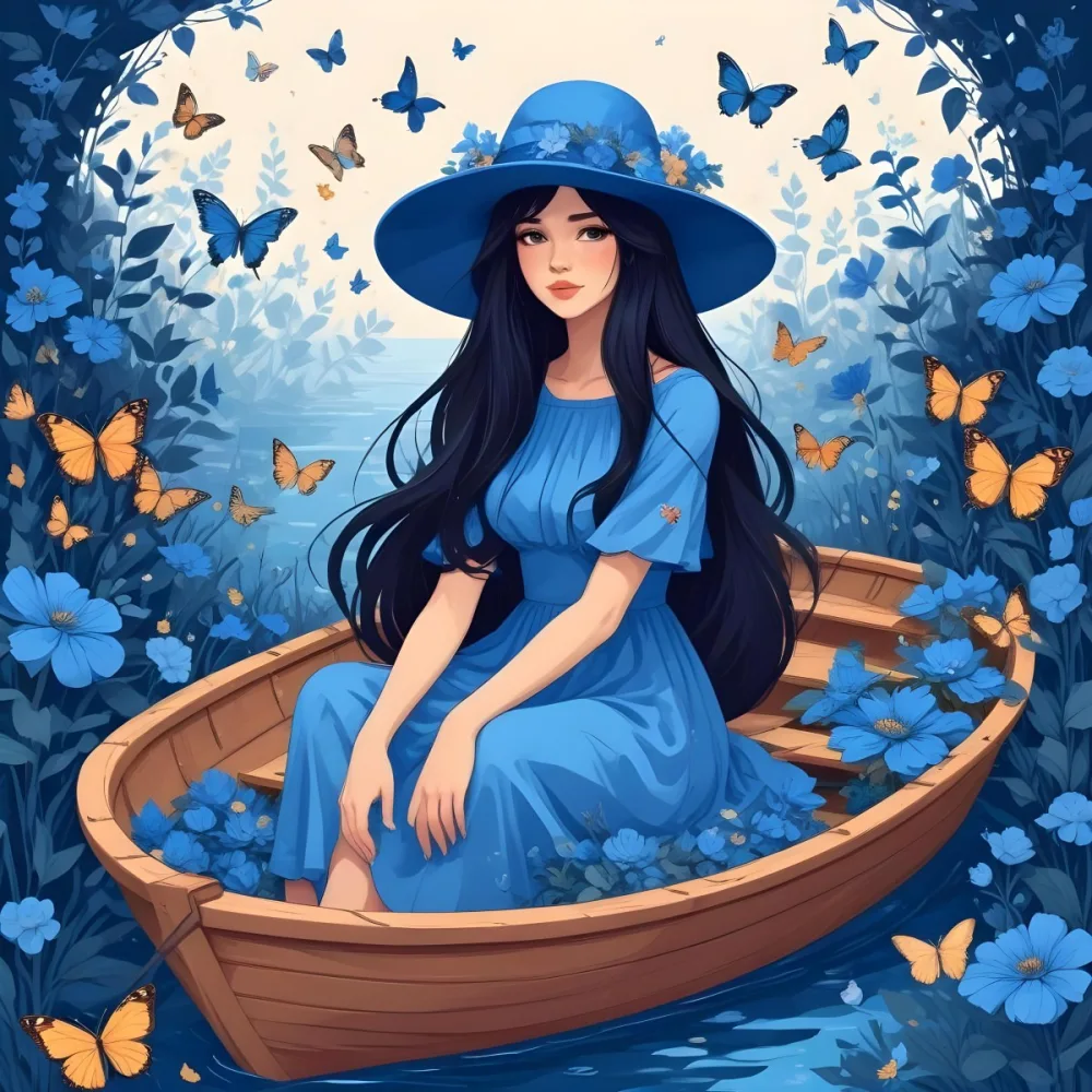 A Young Girl With Long Dark Hair Wearing A Blue Hat And Dress Sitting In A Boat Surrounded By Blue Flowers And Butterflies 82 5a9a
