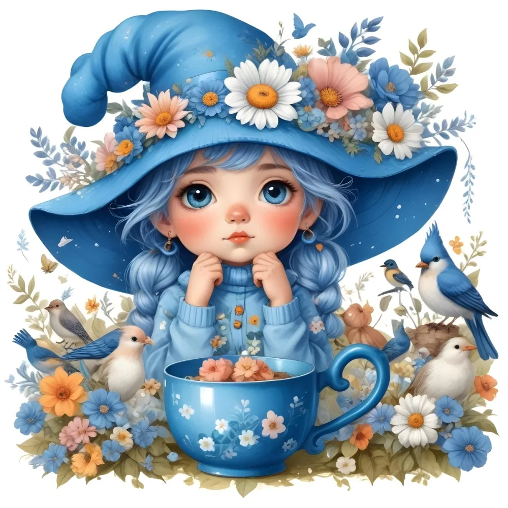 A Young Girl With Long Dark Hair Wearing A Blue Hat And Dress Sitting In A Boat Surrounded By Blue Flowers And Butterflies 84 0631