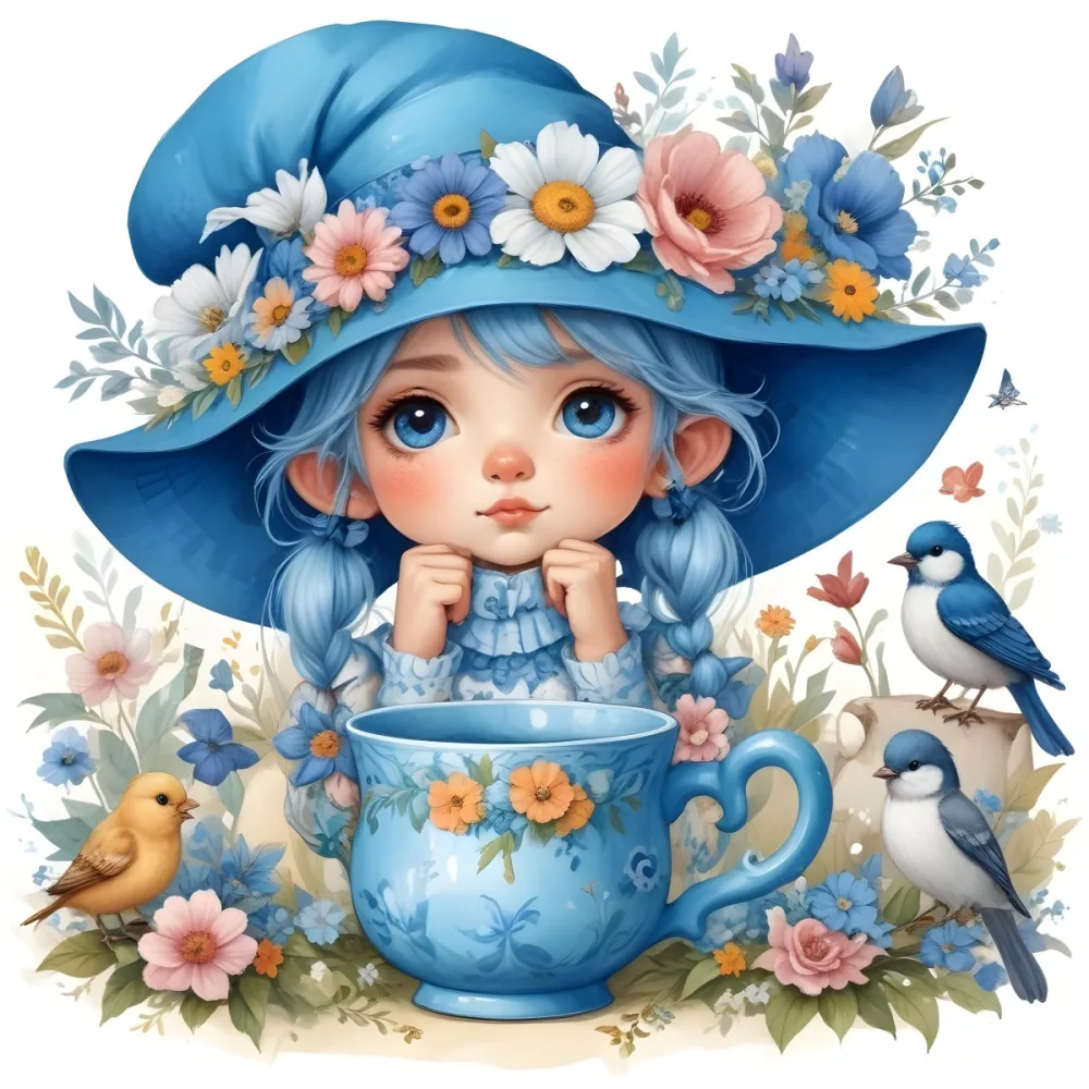 A Young Girl With Long Dark Hair Wearing A Blue Hat And Dress Sitting In A Boat Surrounded By Blue Flowers And Butterflies 86 35c1