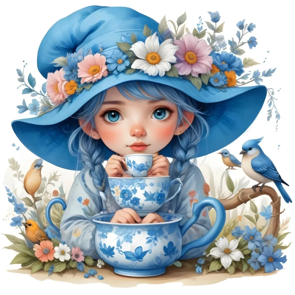 A Young Girl With Long Dark Hair Wearing A Blue Hat And Dress Sitting In A Boat Surrounded By Blue Flowers And Butterflies 87 7931