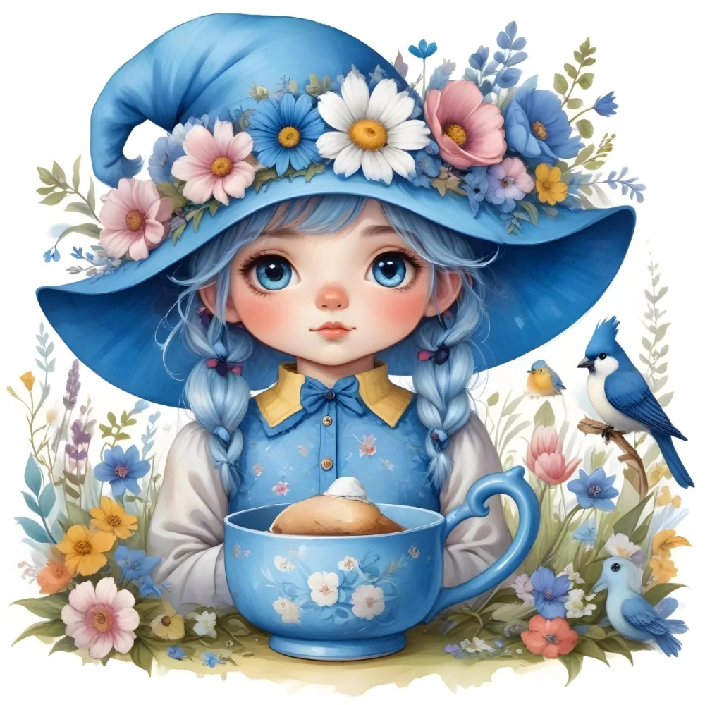A Young Girl With Long Dark Hair Wearing A Blue Hat And Dress Sitting In A Boat Surrounded By Blue Flowers And Butterflies 88 1b70