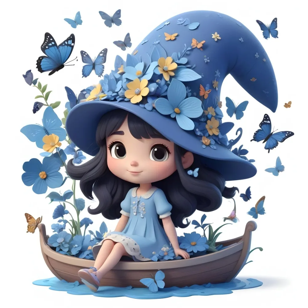 A Young Girl With Long Dark Hair Wearing A Blue Hat And Dress Sitting In A Boat Surrounded By Blue Flowers And Butterflies 89 5603
