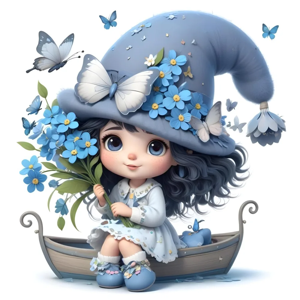 A Young Girl With Long Dark Hair Wearing A Blue Hat And Dress Sitting In A Boat Surrounded By Blue Flowers And Butterflies 9 92d2