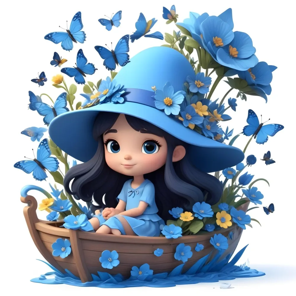 A Young Girl With Long Dark Hair Wearing A Blue Hat And Dress Sitting In A Boat Surrounded By Blue Flowers And Butterflies 90 9fcd