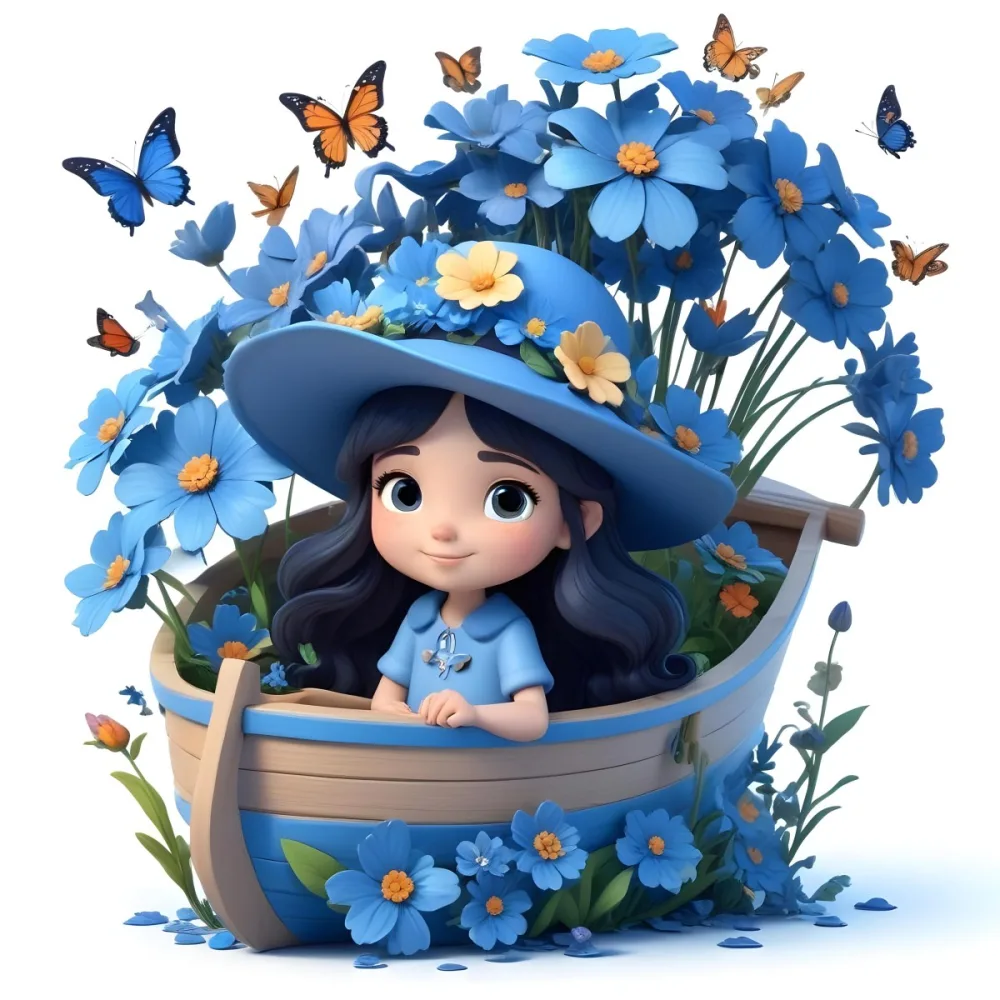 A Young Girl With Long Dark Hair Wearing A Blue Hat And Dress Sitting In A Boat Surrounded By Blue Flowers And Butterflies 91 6387