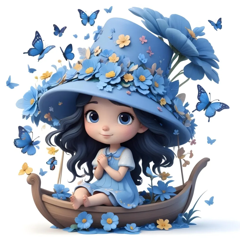 A Young Girl With Long Dark Hair Wearing A Blue Hat And Dress Sitting In A Boat Surrounded By Blue Flowers And Butterflies 92 D556