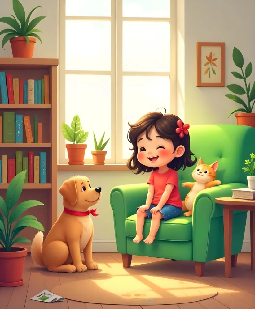 An Asian Girl 10 Years Old With Brown Hair In A Room With A Dog And A Cat Plants Books And A Green Armchair 12 B75e
