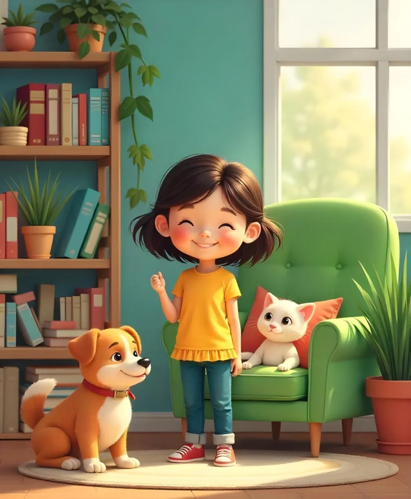 An Asian Girl 10 Years Old With Brown Hair In A Room With A Dog And A Cat Plants Books And A Green Armchair 16 A645