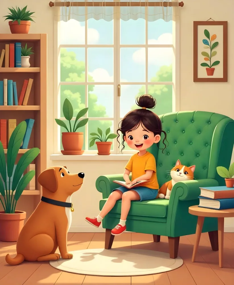 An Asian Girl 10 Years Old With Brown Hair In A Room With A Dog And A Cat Plants Books And A Green Armchair 17 4d78