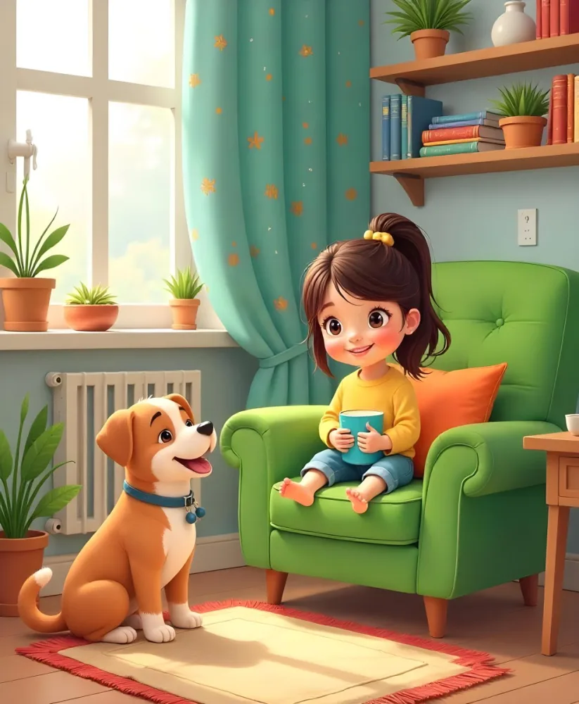 An Asian Girl 10 Years Old With Brown Hair In A Room With A Dog And A Cat Plants Books And A Green Armchair 18 Ef25