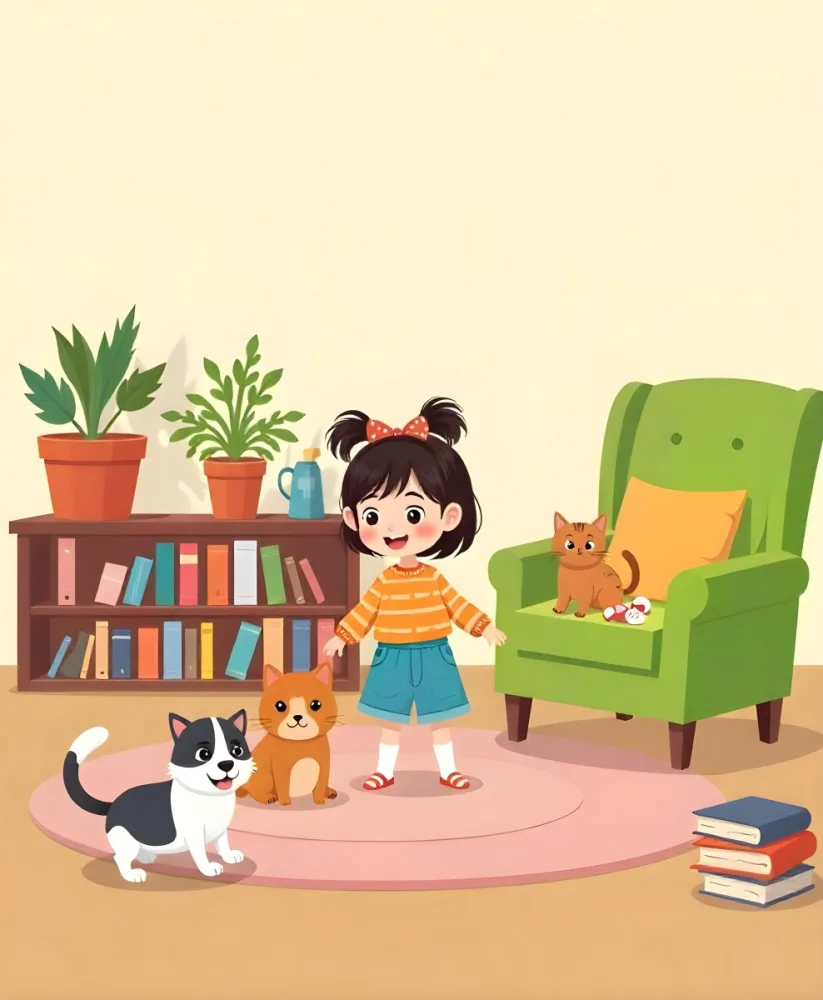 An Asian Girl 10 Years Old With Brown Hair In A Room With A Dog And A Cat Plants Books And A Green Armchair 21 88b1