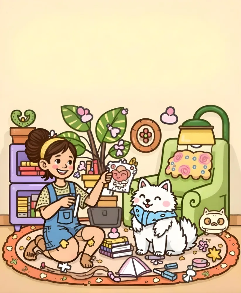 An Asian Girl 10 Years Old With Brown Hair In A Room With A Dog And A Cat Plants Books And A Green Armchair 25 4510