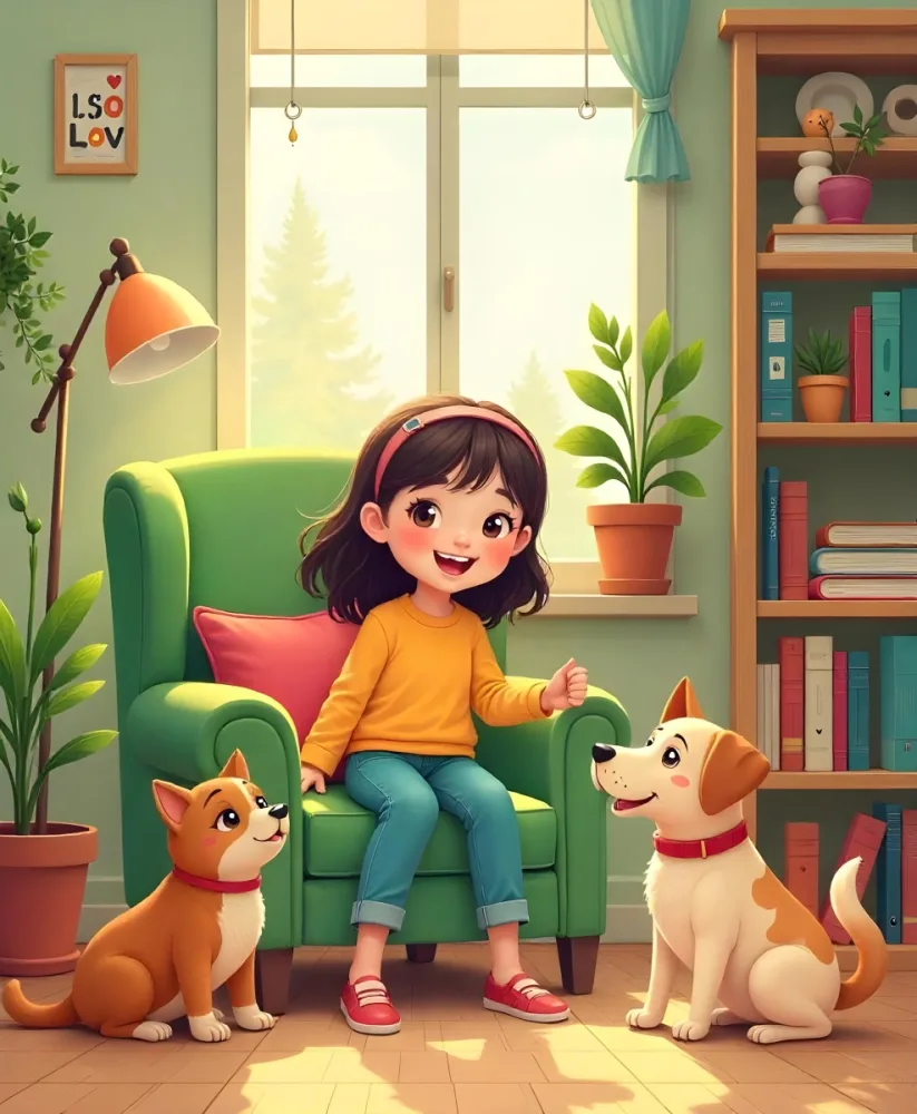 An Asian Girl 10 Years Old With Brown Hair In A Room With A Dog And A Cat Plants Books And A Green Armchair 28 F31c