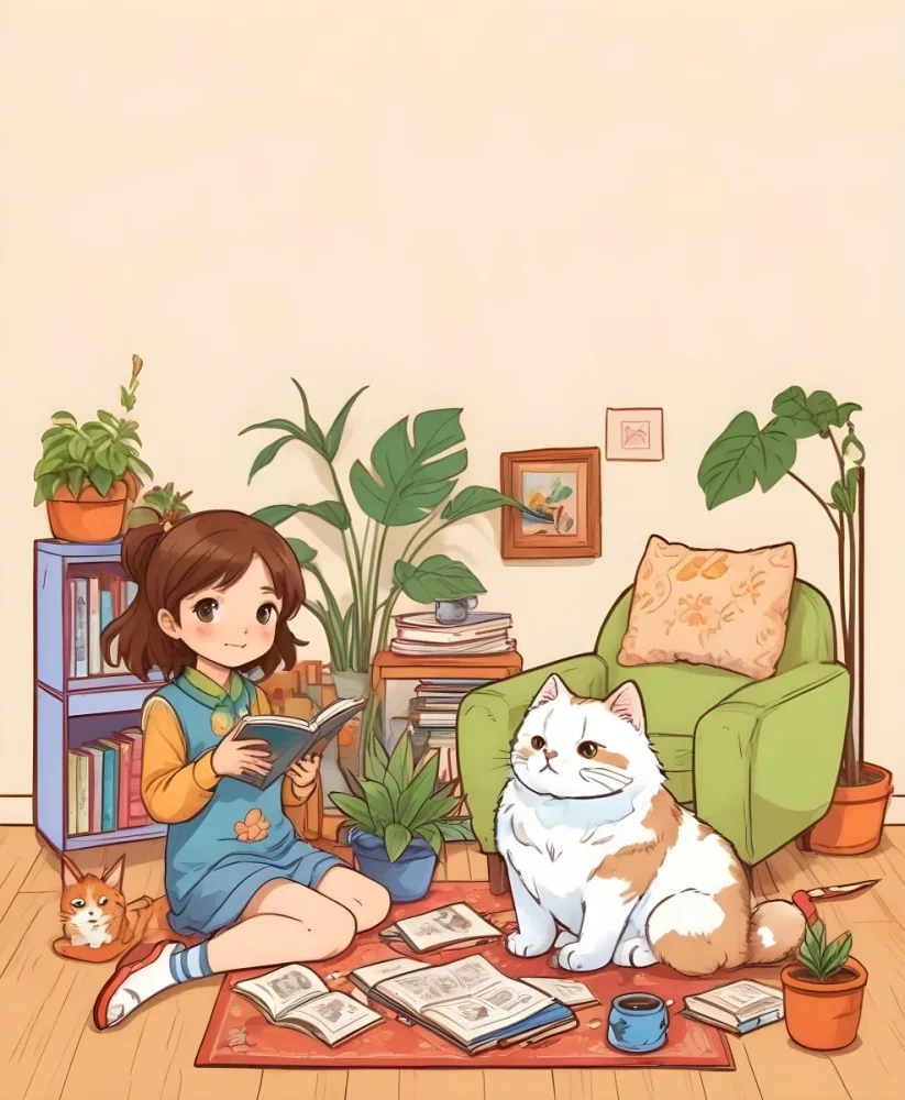 An Asian Girl 10 Years Old With Brown Hair In A Room With A Dog And A Cat Plants Books And A Green Armchair 33 98b9
