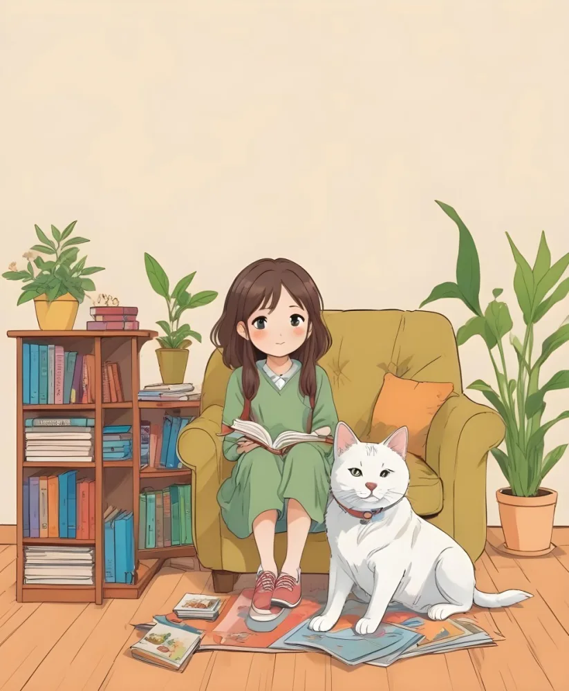 An Asian Girl 10 Years Old With Brown Hair In A Room With A Dog And A Cat Plants Books And A Green Armchair 36 E0e9