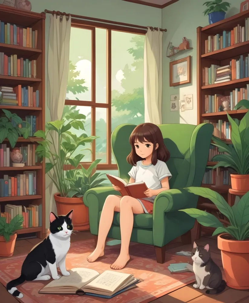 An Asian Girl 10 Years Old With Brown Hair In A Room With A Dog And A Cat Plants Books And A Green Armchair 37 Bebe