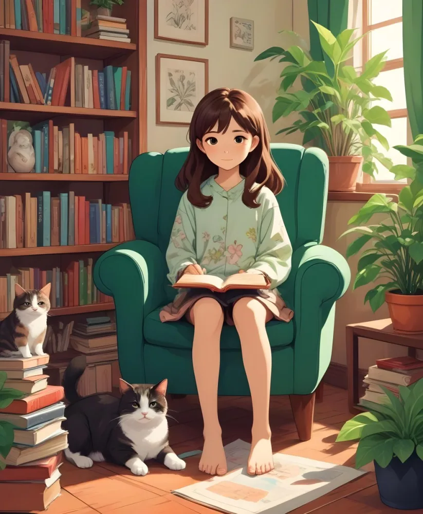 An Asian Girl 10 Years Old With Brown Hair In A Room With A Dog And A Cat Plants Books And A Green Armchair 38 4586